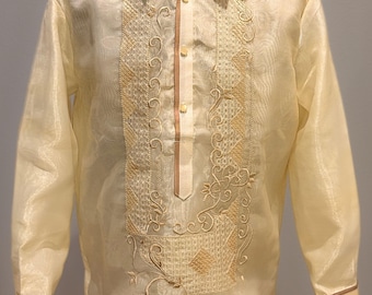 Ivory Diamond Scroll Barong Tagalog (Filipiniana Barong) – Embroidered Piña Organza Formal Shirt, Filipino Wedding & Special Occasion Attire