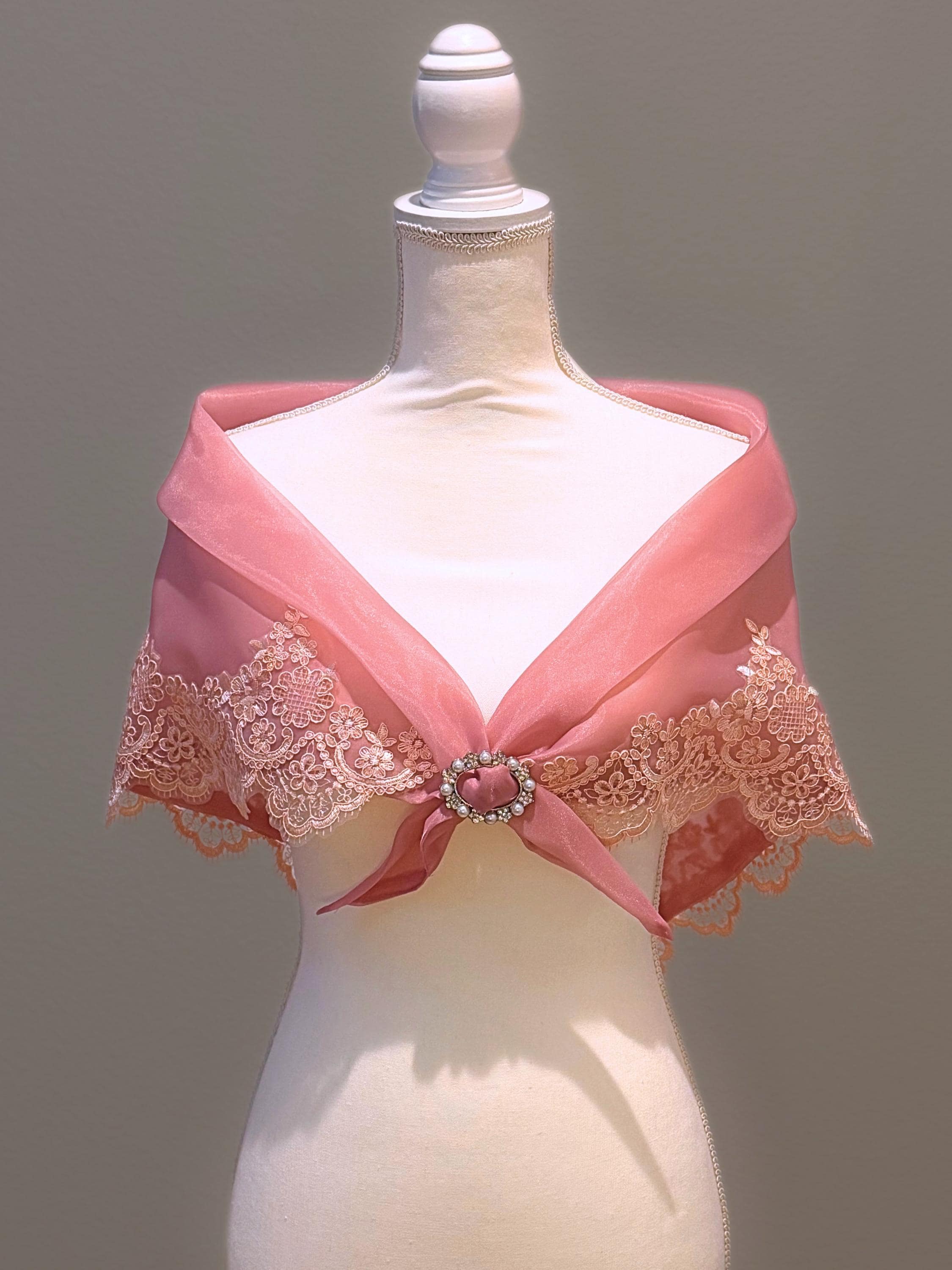 Blush Pink Embroidered Lace Alampay Bolero Wrap with Brooch - Formal Event Shawl
