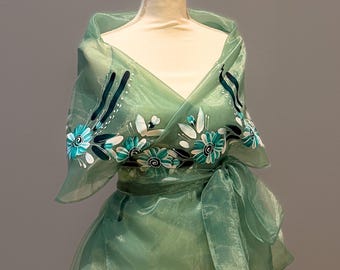 Ręcznie malowany kwiatowy Filipiniana Pañuelo / Alampay: szałwiowa zielona przezroczysta chusta z organzy