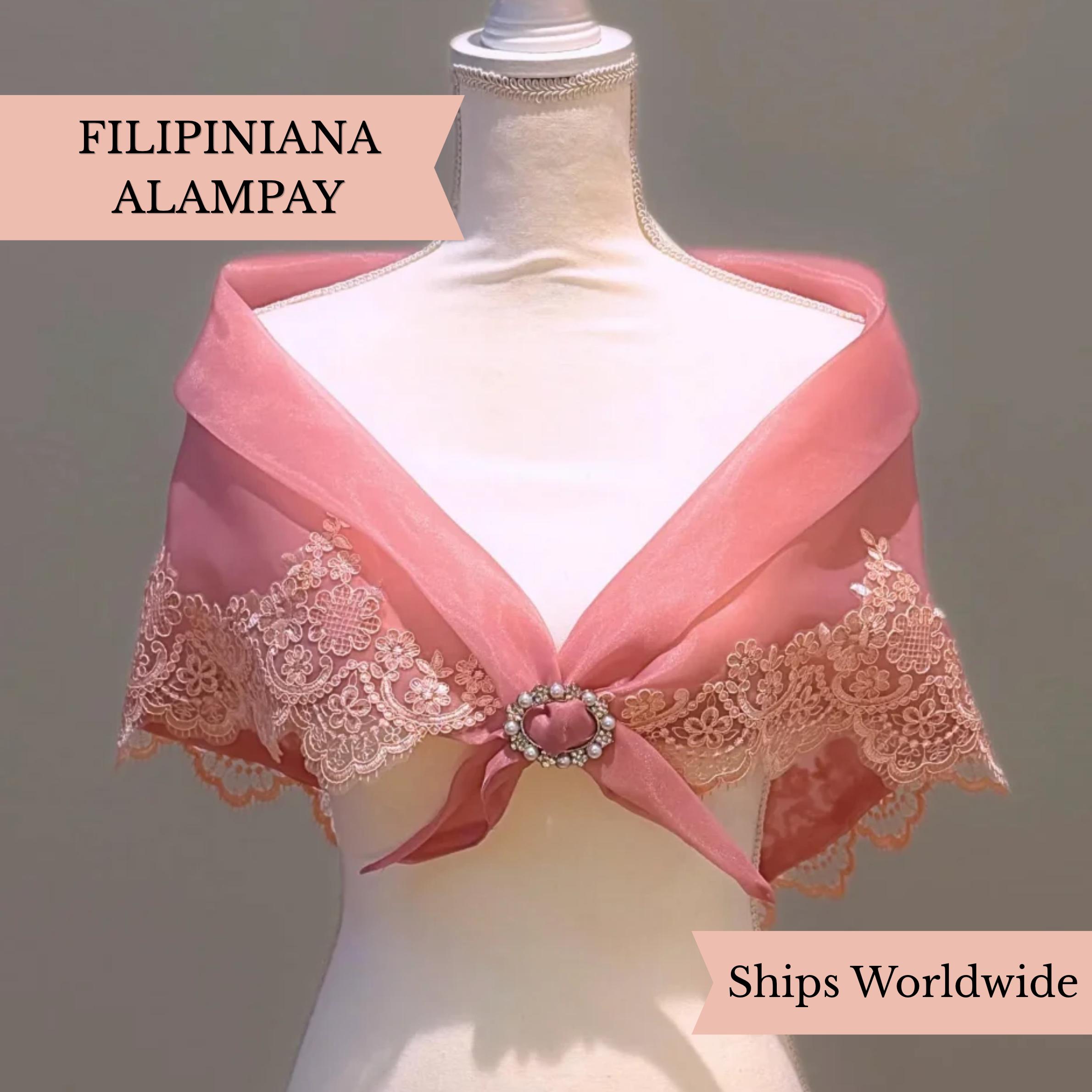 Mauve Pink Embroidered Lace Alampay Bolero Wrap with Brooch - Formal Event Shawl