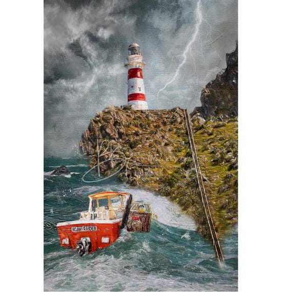 Turning Point, Cape Palliser Lighthouse New Zealand, Wall Art Print, Unique blend of photography & digital painting, Archival Giclee Print,