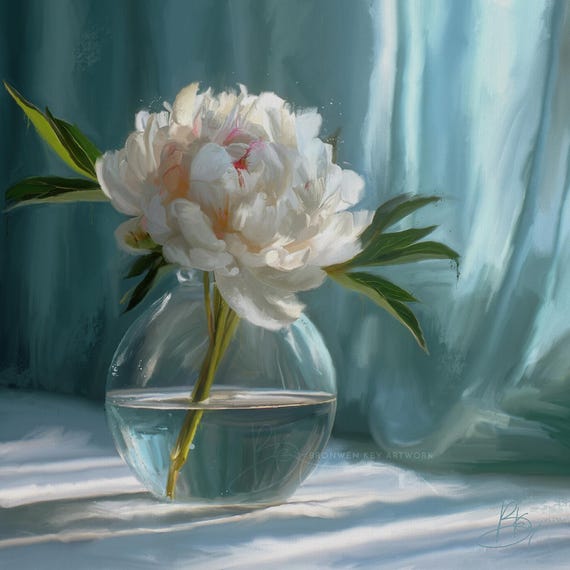 Peony Blues, Contemporary Art Flower Print, Botanical Giclée Floral Wall Decor, blend of photography and digital painting