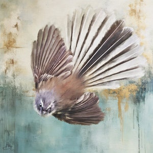 Stampa artistica da parete con uccelli, coda a ventaglio della Nuova Zelanda, ritratto di fauna selvatica ecologico unico, colorato e luminoso, stampa giclée d'archivio, carta pesante