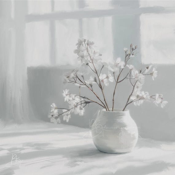 Gently White, Art Flower Print, White Botanical Giclée Floral Wall Decor, blend of photography and digital painting