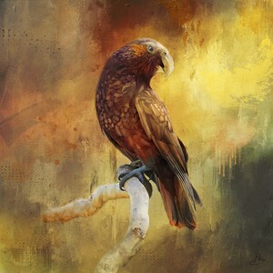 Stampa artistica da parete con uccelli, Kaka della Nuova Zelanda, ritratto unico ed ecologico di animali selvatici, decorazione da parete colorata, stampa giclée d'archivio, carta pesante