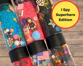 I Spy Jar Superhero Edition, Sensory Game, Sensory Bottle, Car Ride Game, Seek and Find, Superhero Birthday Gift, Kids Travel Games, 10oz