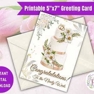Afdrukbare digitale elegante bruiloft gefeliciteerd kaart, bruidstaart met drie niveaus, wenskaart instant download, digitale kaart, 5 x 7 DIY-kaart