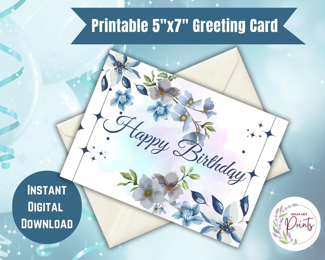 Printable Digital Elegant Watercolor Flowers Birthday Card, Happy ...