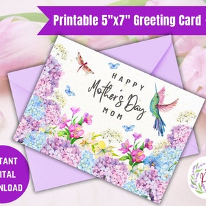 Druckbare digitale Hortensie Garten Muttertag Blumenkarte, Mamas Liebe wünscht Feier, sofortiger Download Grußkarte, DIY 5 x 7 Karte