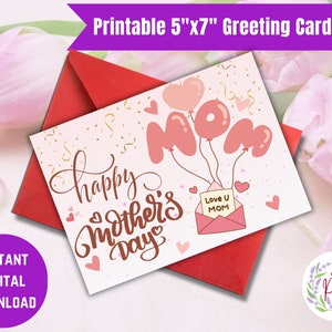 Tarjeta digital imprimible del Día de la Madre con globo lleno de amor, deseos y celebración del Día de la Madre, tarjeta de felicitación de descarga instantánea, tarjeta DIY 5x7