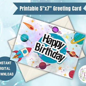 Tarjeta de cumpleaños para niños de aventura galáctica imprimible, deseos de feliz cumpleaños con temática espacial, tarjeta de felicitación de descarga instantánea, tarjeta digital, tarjeta 5x7