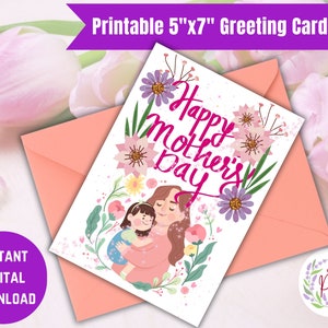 Printable Digital Mother&#39;s Embrace Mother&#39;s Day Card, Mom and Child Greetings, Mom Celebration, Instant download Greeting Card, DIY 5x7 Card