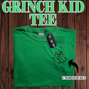 grinch kids t-shirt, green grinch kids t-shirt, embroidery grinch kids t-shirt, grinch youth green t-shirt, grinch face crewneck, Christmas