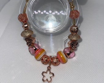 Pulsera estilo Pandora europea con dije de estrella y cadena de serpiente con dijes de diamantes de imitación en oro rosa