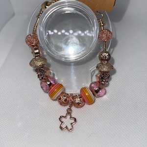 European Pandora Style Bracelet w/Star Charm & Snake Chain Rhinestone Charms-Rose Gold