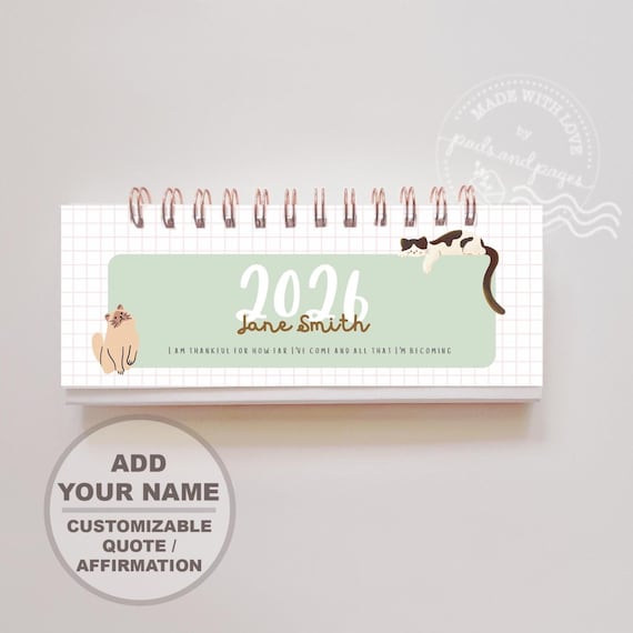 Personalized 2026 / 2027 Cat Desk Calendar, Custom Minimalist Kitten Calendar, Kawaii Mini week planner, Self love, Gift for cat lovers