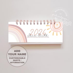 Calendario da scrivania personalizzato 2026/2027, con affermazione personalizzata, stile minimalista boho arcobaleno, mini agenda settimanale, amore per se stessi, spedizione gratuita.