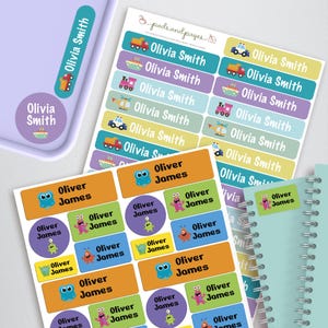 May include: Two sheets of personalized adhesive labels featuring various colorful cartoon vehicles and monsters. The labels display the names Olivia Smith and Oliver James in a clear font. The stickers come in rectangular and circular shapes.