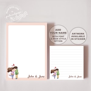 May include: A rectangular notepad and a square sticky note pad, both featuring a pale pink border and a cartoon illustration of a couple kissing with red hearts above them. The text John & Jane is printed in brown script on both items.