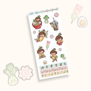May include: A sticker sheet featuring cartoon characters with brown hair interacting with ramen bowls, boba tea, and dango skewers. The sheet includes individual stickers of bok choy, fish cakes, and boiled eggs, with text reading pads and pages.