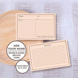 May include: Two rectangular light beige recipe cards with dark brown borders and lines. One card features fields for Recipe, Prep Time, Source, Serves, and Ingredients, with the text From the kitchen of Sarah. The other card is labelled Directions.