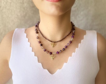 natural stone necklace bead necklace agate stone choker necklace phoenix necklace purple stone bead necklace gift