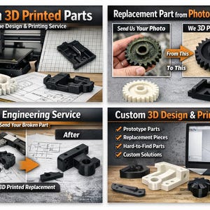 May include: A promotional image showcasing custom 3D printed parts. The image highlights services like prototype design, reverse engineering, and replacement part creation. Various 3D-printed objects in black and white are displayed, along with the text "Custom 3D Printed Parts".