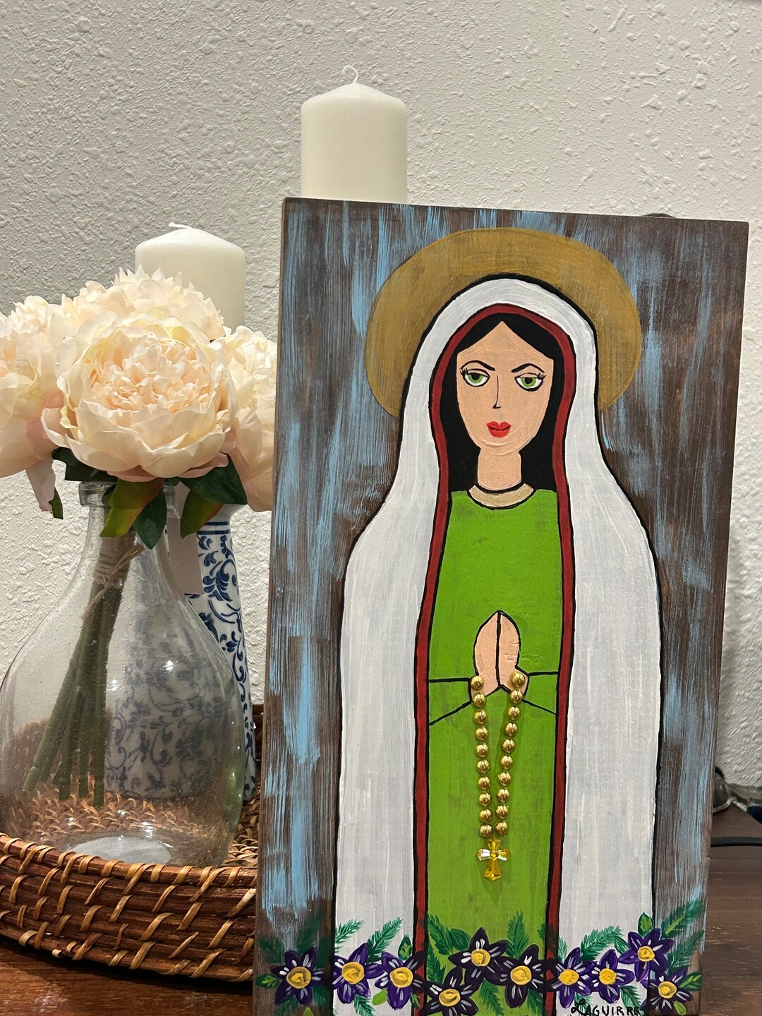 Virgin Painting on Rustic Wood Etsy