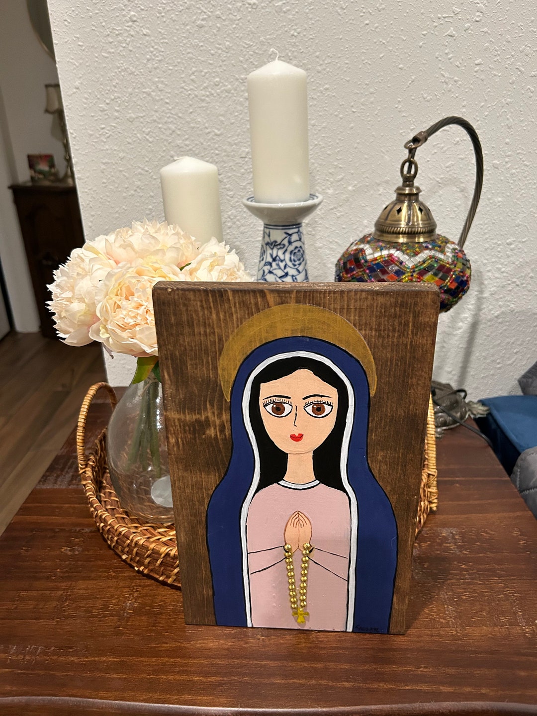 Virgin Painting on Rustic Wood Etsy