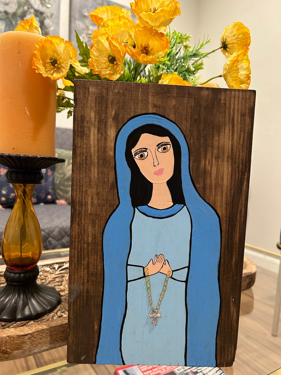 Virgin Painting on Rustic Wood Etsy