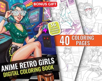 Anime Retro Girls Coloring pages, 70s-90s Nostalgia, Retro Anime, Y2K Anime Girls, Fantasy Anime, 40 Coloring Pages, Instant Download
