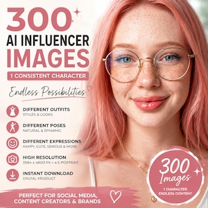 May include: A digital product advertisement featuring a person with pink hair and round glasses. Text includes 300 AI INFLUENCER IMAGES, 1 CONSISTENT CHARACTER, Endless Possibilities, DIFFERENT OUTFITS, DIFFERENT POSES, DIFFERENT EXPRESSIONS, HIGH RESOLUTION 3584 x 4800 PX, and INSTANT DOWNLOAD.