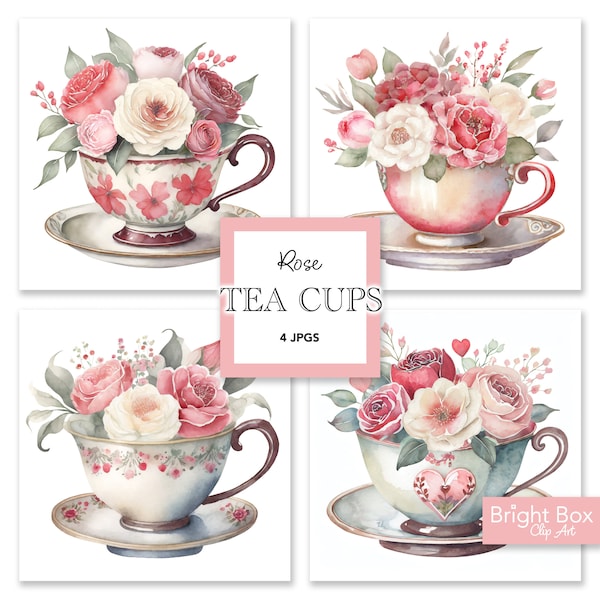 Rose Tea Cups Red Pink Tea Cup Heart Mother's Day Clip Art Download Sublimation Junk Journaling Clipart Instant Downloadable Artwork File