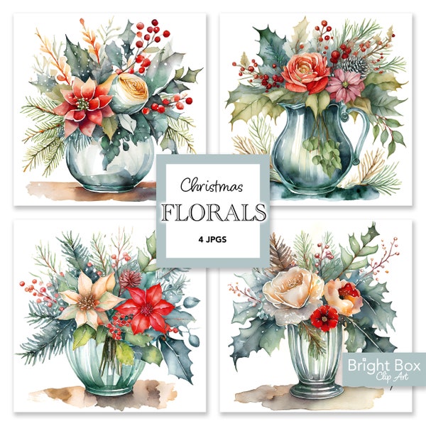 Christmas Flowers Vase Florals Clip Art Holiday Poinsettia Clipart Download Project Gift Decor Junk Journal Craft Downloadable Artwork