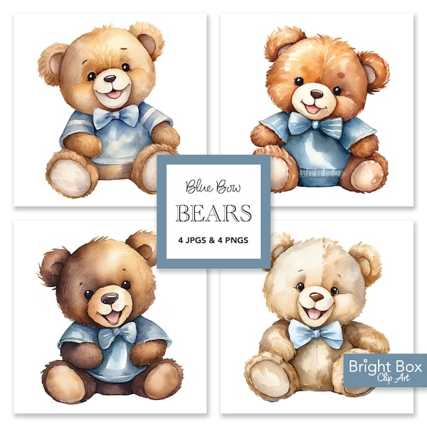 Teddy Bears Blue Bows Cute Cuddly Stuffed Bear Clip Art Clipart Download Boy Baby Shower Downloadable Digital Download Artwork  Images PNG