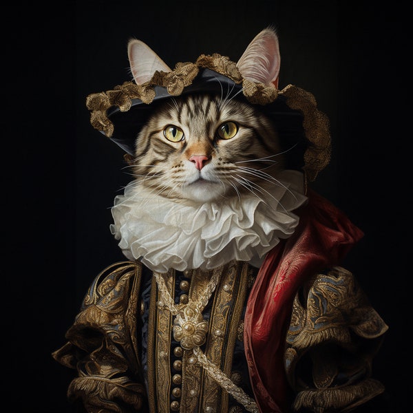 Portrait d'animal de compagnie royal personnalisé, peinture animalière de la Renaissance, cadeau pour amoureux des animaux de compagnie, portrait de chat royal, cadeau portrait d'animal de compagnie