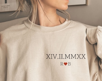 Sudadera personalizada con fecha en números romanos, Suéter de pareja con inicial de manga personalizada, Regalo del día de San Valentín, Regalo de aniversario, Regalo para él