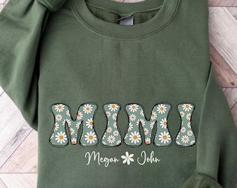 Sudadera de cuello redondo con estampado floral de margaritas para abuela, con nombre personalizado, suéter Mimi, regalo Mimi de los nietos, revelación de embarazo, mamá, nana