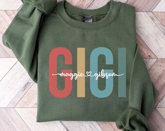 Sudadera con cuello redondo Gigi personalizada Nana con nombres de nietos Regalo para la nueva Mimi Regalo del día de la madre para la abuela, Anuncio de nueva Nana, Día de la madre