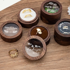 Personalized Wooden Wedding Ring Box with Clear Arylic Cover,Engraved Wooden Round Ring Box,Engagement Proposal Gift, Wedding Ceremony Gift