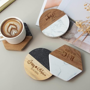 Wedding Coaster,Family Names Coaster,Personalized Marble Wood Coasters Set,Engagement Gift,New Home, Housewarming Gifts,Bridal Shower Gift