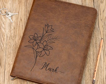 Personalisierte Geburtsblume nachfüllbare Mappe, kundenspezifische Ledermappe mit Reißverschluss, Padfolio mit Namen, Wertschätzungsgeschenk, Geburtstagsgeschenk