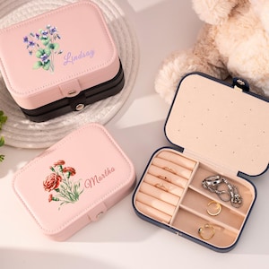 Custom Bridesmaid Gift Birth Flower Personalized Jewelry Box for Her,Two-Tier Leather Jewelry Box for Travel Organizer,Wedding Gift for Her