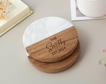 Personalized Coaster Set, Custom Engraved Marble Wood Coasters, Housewarming Gifts, Wedding Gift,Christmas Gifts for her,Bridal Shower Gifts