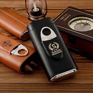 Personalised Cigar Case,Leather Cigar Holder and Cutter,Travel Cigar Case,Best Man Gift,Fathers Day Gift,Husband Gift,Engraved Cigar Humidor