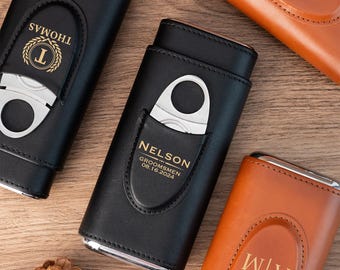 Estuche de cuero grabado personalizado para puros, soporte y cortador de puros de cuero, humidor de puros de viaje, regalo para padrinos de boda, regalo para el padre, regalo para él