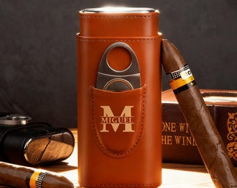 Personalised Cigar Case,Leather Cigar Holder and Cutter,Travel Cigar Case,Best Man Gift,Fathers Day Gift,Husband Gift,Engraved Cigar Humidor