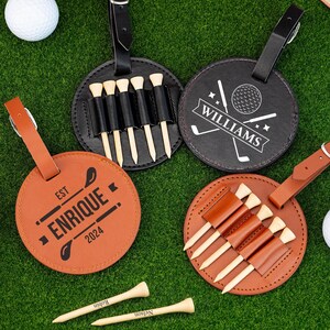 Étiquette de sac de golf en cuir personnalisé, porte tees de golf, accessoires de golf personnalisés, cadeau garçons d'honneur, étiquette de sac de golf avec t-shirts, cadeau de golf pour homme