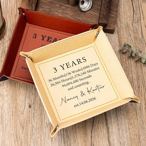 May include: A square, cream-coloured valet tray with metal corner snaps, featuring black printed text that reads 3 YEARS, 36 Months, 156 Weeks, 1096 Days, 26,304 Hours, 1,578,240 Minutes, 94,694,400 Seconds and counting, Nancy & Kartier, est.14.06.2026.