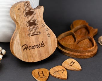Personalized Wooden Guitar Picks with Case, Custom Name Guitar Pick, Holder for Picks, Musicians Player, Father's Day Birthday Gift Idea